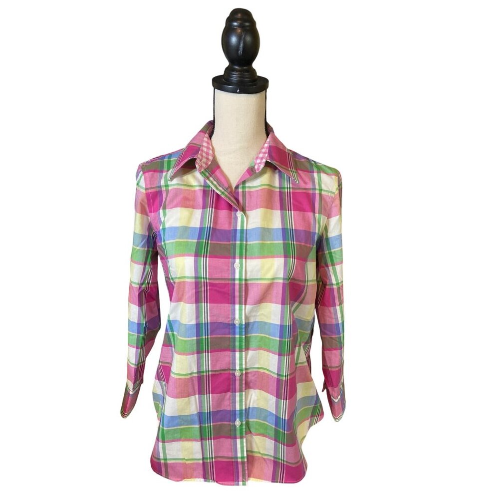 Chaps Womens Shirt Multicolor Plaid Button-Up 3/4 Sleeves Preppy Academia